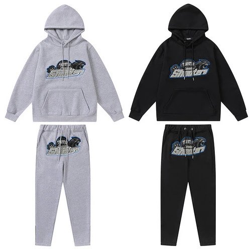 European and American high street blue line black tiger head towel embroidered plus velvet hooded sweatshirt long pants casual sweatpants